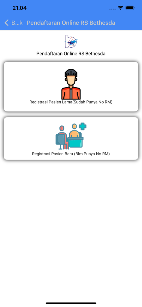 RS Bethesda mobile app screen showing online registration options for new and existing patients