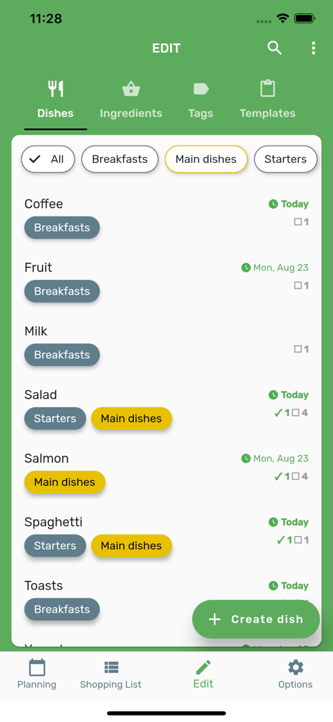 Una pantalla en la aplicación Easy Menu Planner que muestra una lista de platos organizados por categorías como desayunos y platos principales