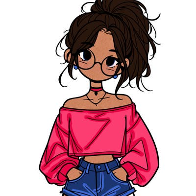 girl with a messy ponytail glasses a baggy crop top and jean shorts