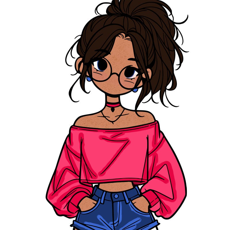 girl with a messy ponytail glasses a baggy crop top and jean shorts