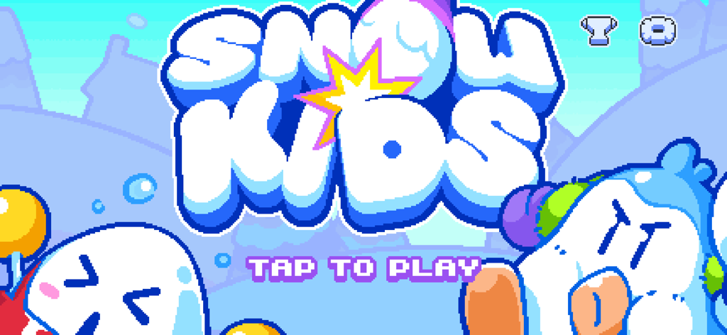 Snow Kids - The title screen of the Snow Kids mobile game featuring retro pixel art characters and a tap to play prompt