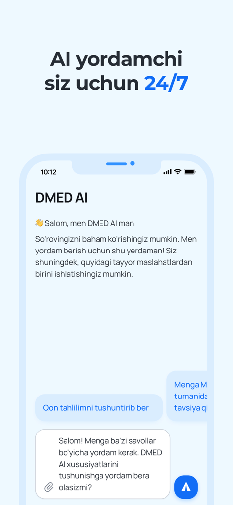 DMED app interface featuring a 24/7 AI health assistant chat for medical inquiries