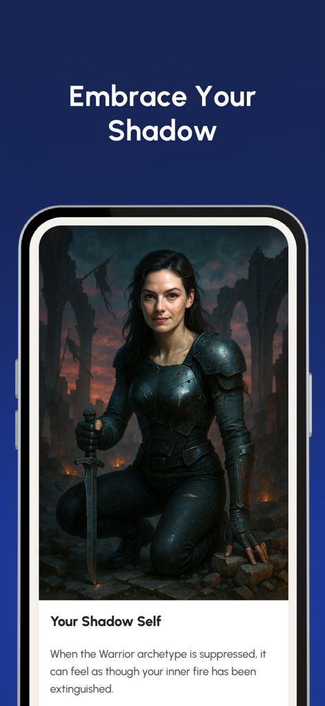Shadow Work - Mindberg - A woman in armor representing the warrior archetype in the Shadow Work Mindberg app
