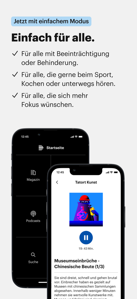 Deutschlandfunk app interface showing the simple mode feature for improved accessibility and focus.