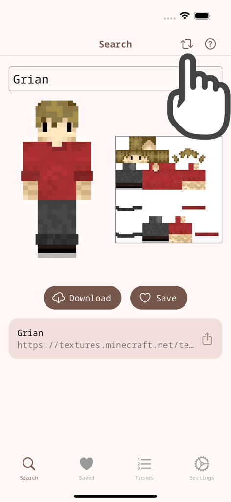 Interface do aplicativo móvel mostrando uma pesquisa de skin do Minecraft para Grian com opções de download e salvamento