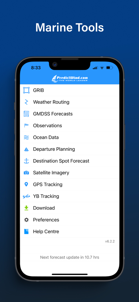 PredictWind Offshore Weather - PredictWind Offshore Weather app interface displaying the Marine Tools menu with features like Weather Routing and GRIB files