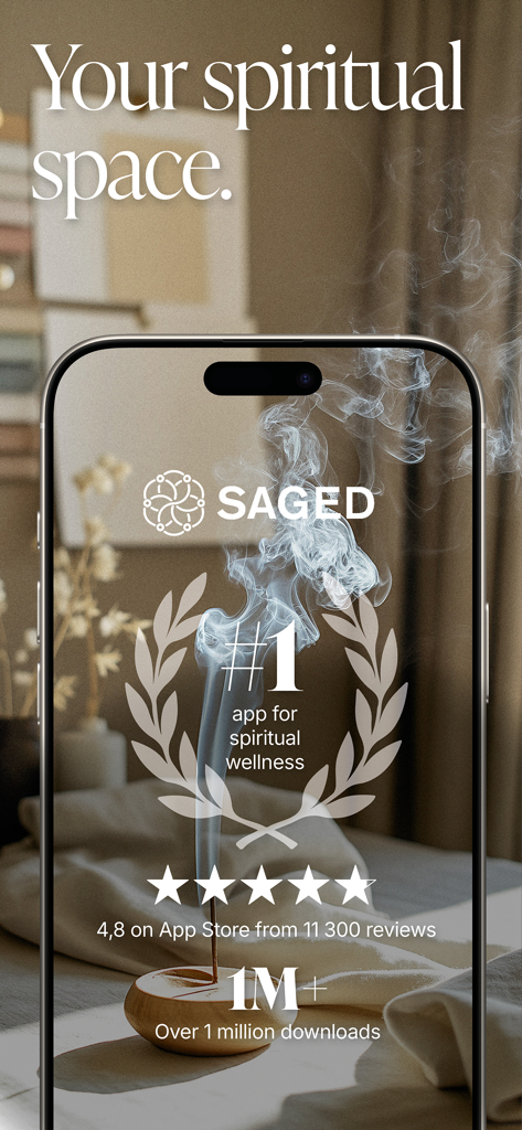 Saged app promotional screen featuring spiritual wellness rankings, 5-star ratings, and over 1 million downloads against a serene incense background