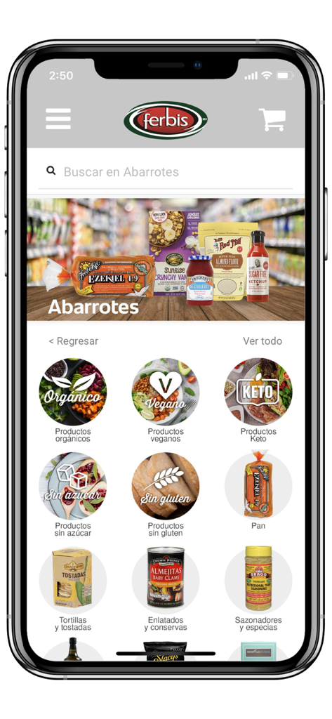 Ferbis - Ferbis mobile app displaying health conscious grocery categories like organic and vegan