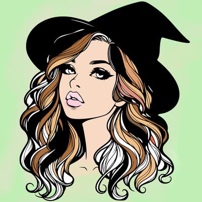 realistic witch girl with wavy hair and lips