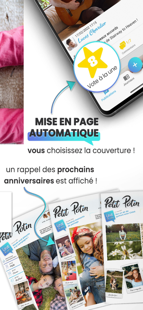 Interface de l'application Petit Potin montrant la mise en page automatique et des exemples de journaux familiaux imprimés.