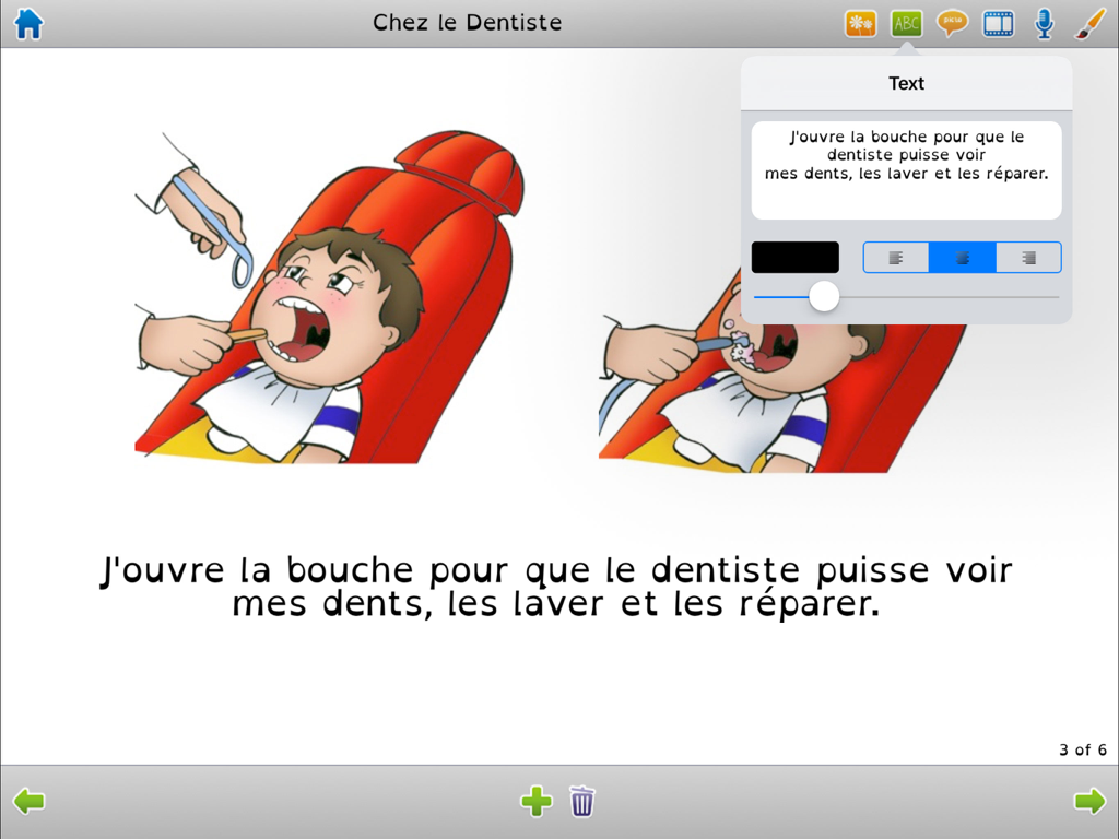 Niki Story - Niki Story app screen for creating a social story about a dentist visit with text and drawing tools