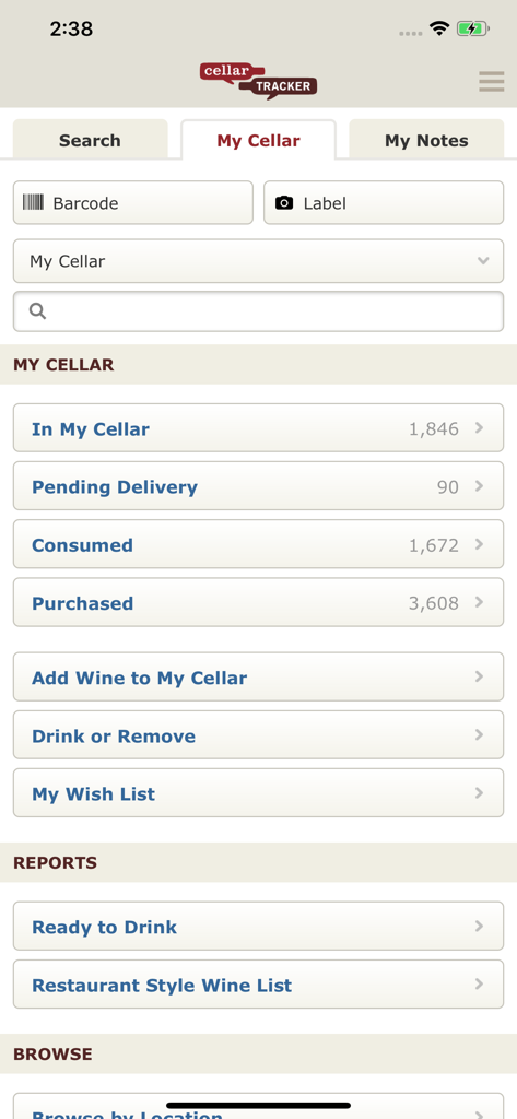 Interface of the CellarTracker Legacy app showing the My Cellar dashboard with options for tracking wine inventory, consumed bottles, and wish lists