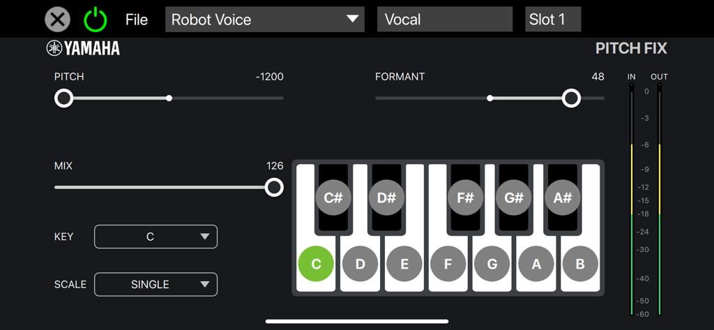 dspMixFx UR-C - Interface of the Pitch Fix vocal effect in the dspMixFx UR-C app showing pitch and formant controls