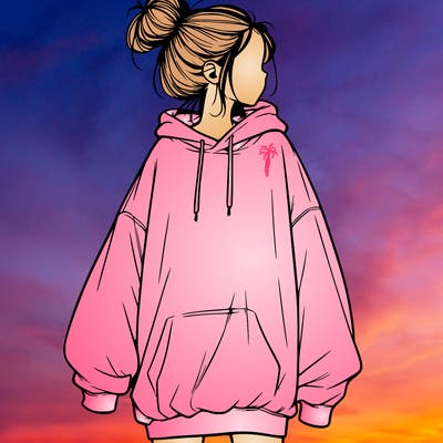 realistic girl with a oversized sweatshirt on and a bun