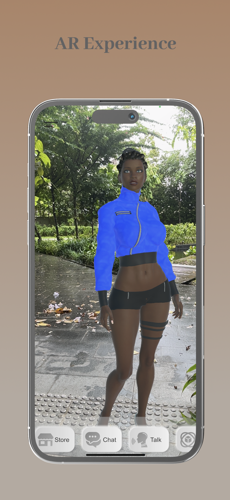 My AI Friend - Virtual Chatbot - A 3D female AI character displayed in an outdoor real-world setting through an AR experience in the My AI Friend app.
