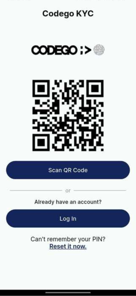 Codego KYC - Anmeldebildschirm der Codego KYC App mit einem QR-Code und einer Schaltfläche zum Scannen