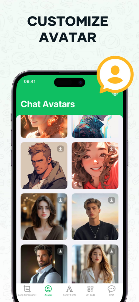 Interface montrant une variété d'avatars de discussion personnalisables dans l'application WA Web Dual Messenger