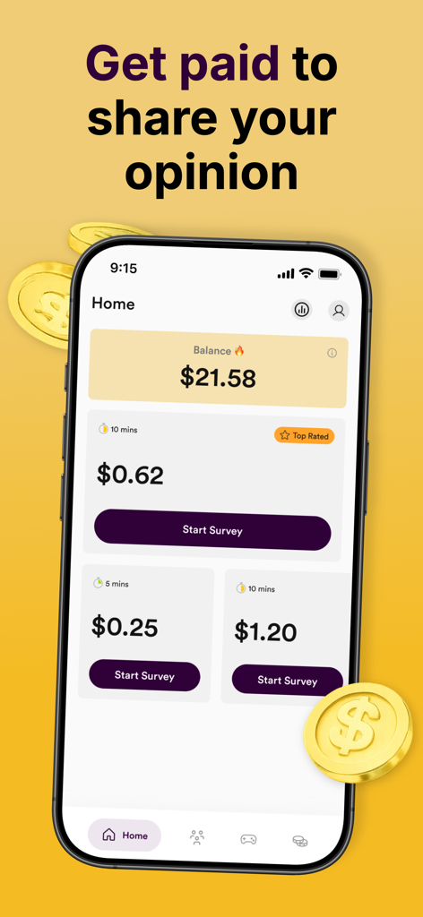 Panel de la aplicación móvil Golden Surveys que muestra el saldo del usuario y las oportunidades de encuestas pagadas