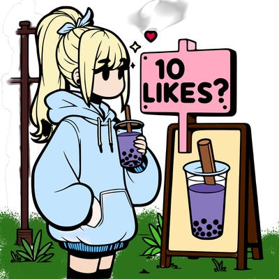 girl with oversized hoodie drinking boba and she has a high ponytail with a sign that says 10likes?