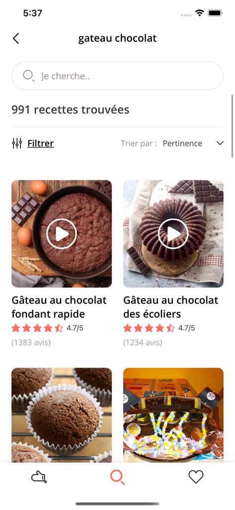 Marmiton app search screen displaying various chocolate cake recipes with user ratings and reviews