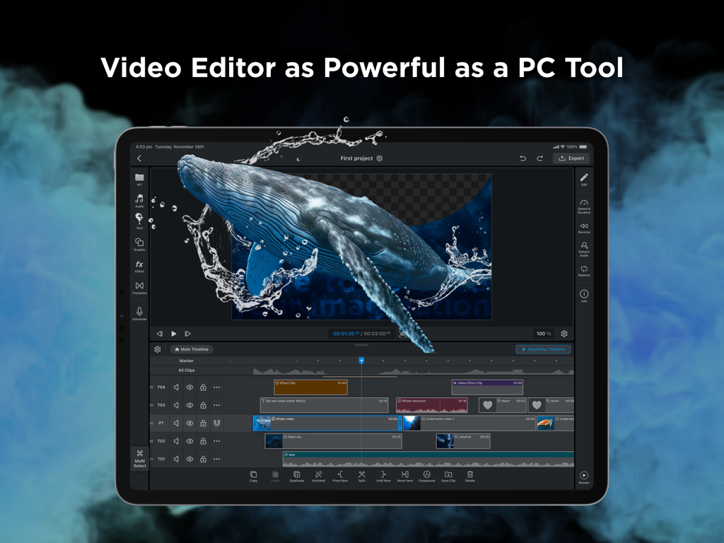 WEILO - My Last Video Editor - WEILO professional video editing interface on an iPad displaying a multi track timeline and advanced masking features