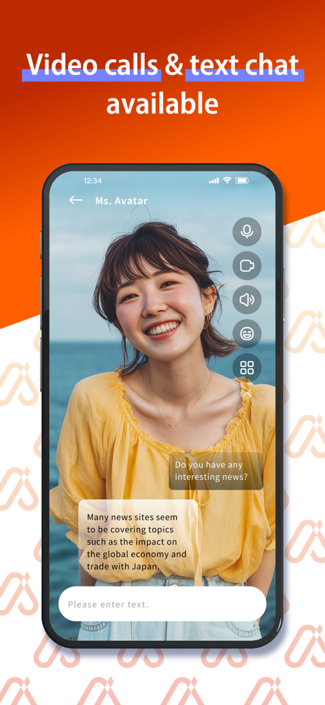AI AVATAR - Your Companion - AI avatar mobile app interface showing a video call and text chat with a smiling digital companion