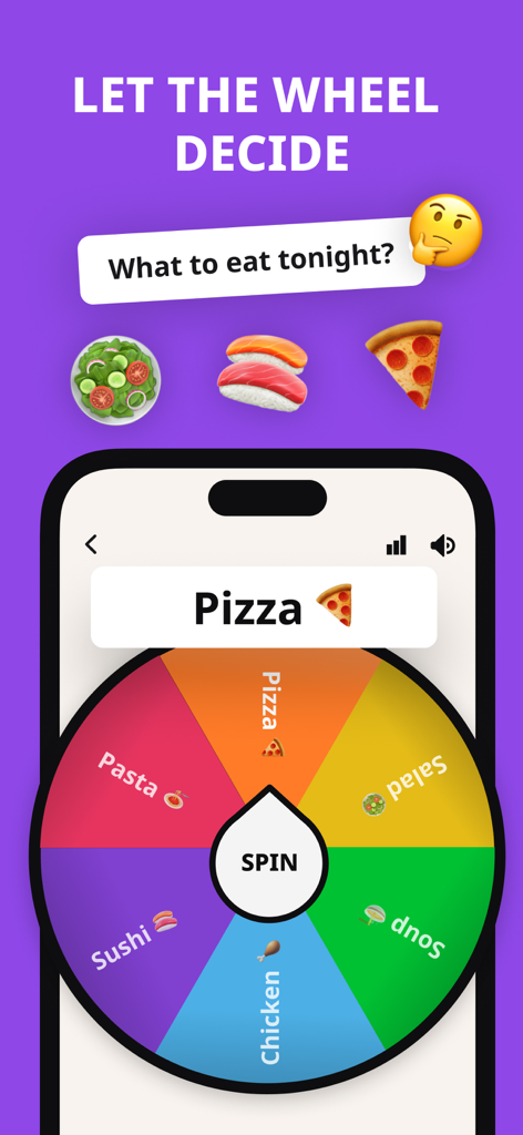 Spin Roulette app interface showing a colorful decision wheel to choose dinner options like pizza or sushi