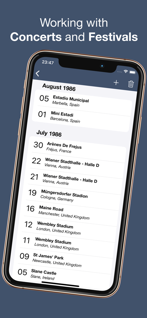 Tela de smartphone mostrando uma lista cronológica de datas e locais de shows históricos no aplicativo Setlist.