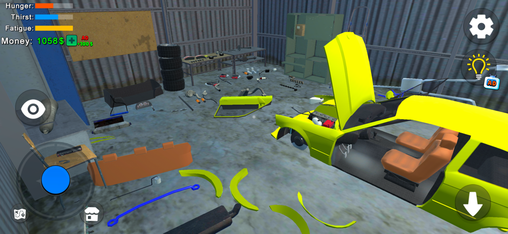 My First Summer Car: Mechanic - Vista en primera persona de un coche amarillo siendo ensamblado en un taller con piezas de repuesto esparcidas.