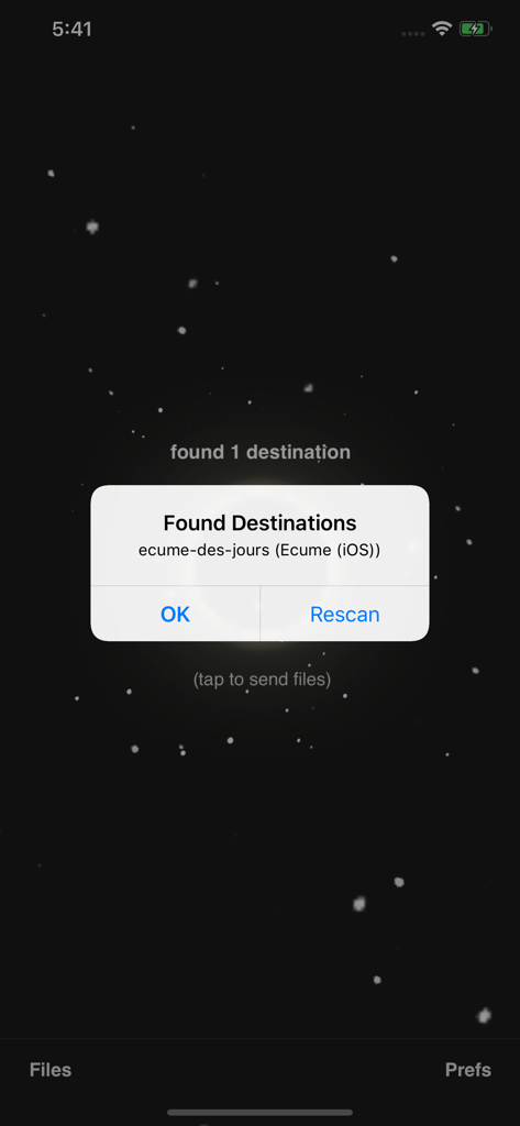 DropCopy iOS app showing a popup notification for a discovered destination device on the local network.