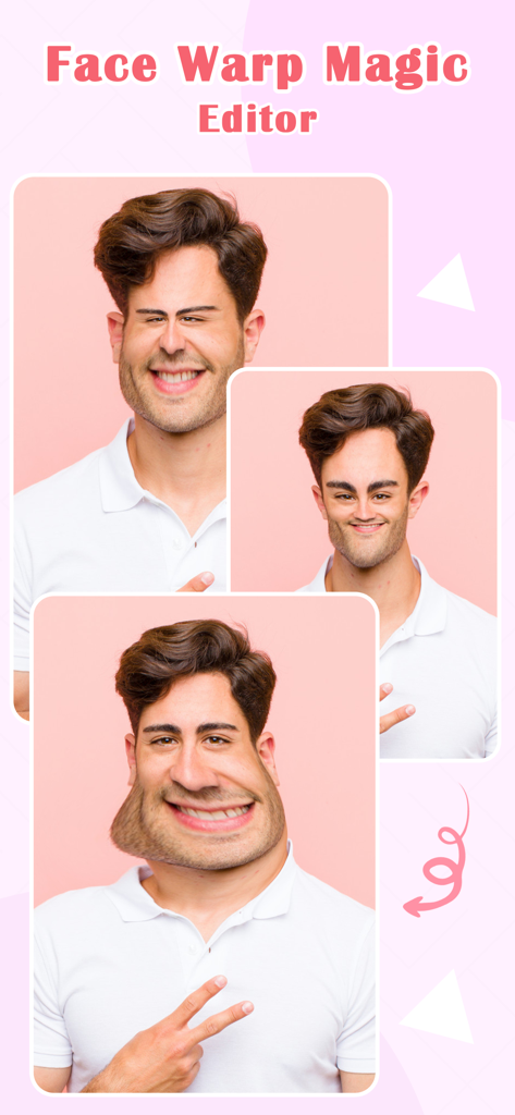 Face Warp  Photo & Video Fun - A man showing three different funny facial distortions created using the Face Warp Magic Editor