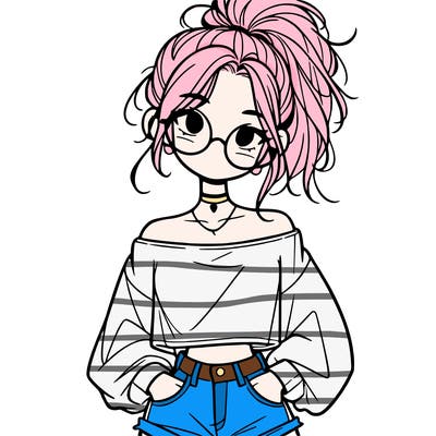 girl with a messy ponytail glasses a baggy crop top and jean shorts