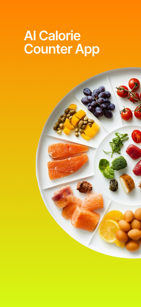 Cal Diet - AI Calorie Tracker - AI Calorie Counter App promotional screen featuring a divided plate with salmon grapes and vegetables on a vibrant background