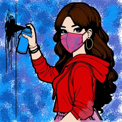 realistic girl with mask spray painting a wall