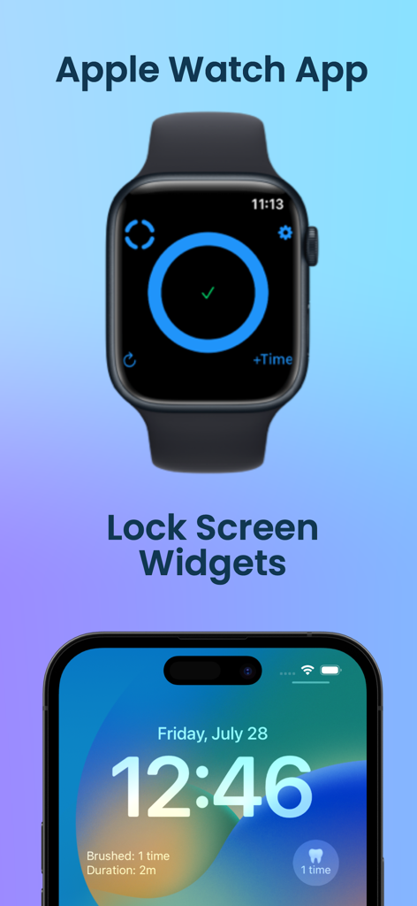 Brushout - Screenshot of Brushout app integration on Apple Watch and iPhone lock screen widgets for dental hygiene tracking.