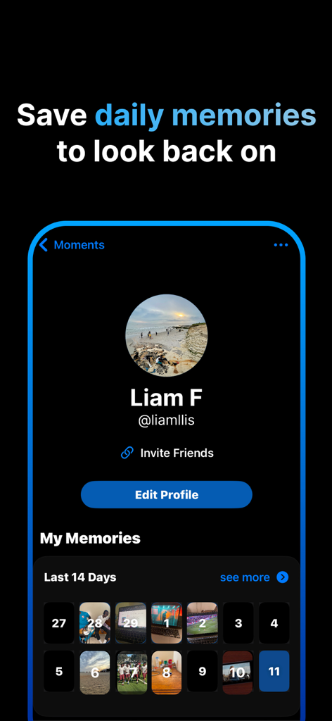 Naakamou 앱의 사용자 프로필이 지난 14일간의 일일 사진 추억 그리드를 표시함