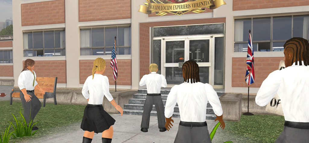 Old School 3D - Low-poly students in uniforms standing in front of a school building in Old School 3D