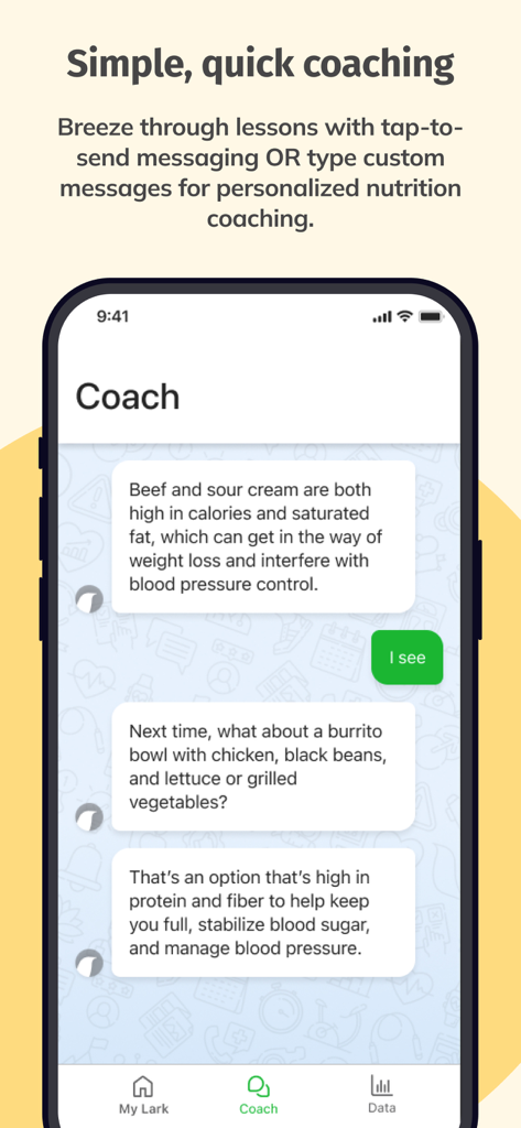 Lark Health - The Lark Health app showing a chat with a digital coach about healthy meal choices and blood pressure management