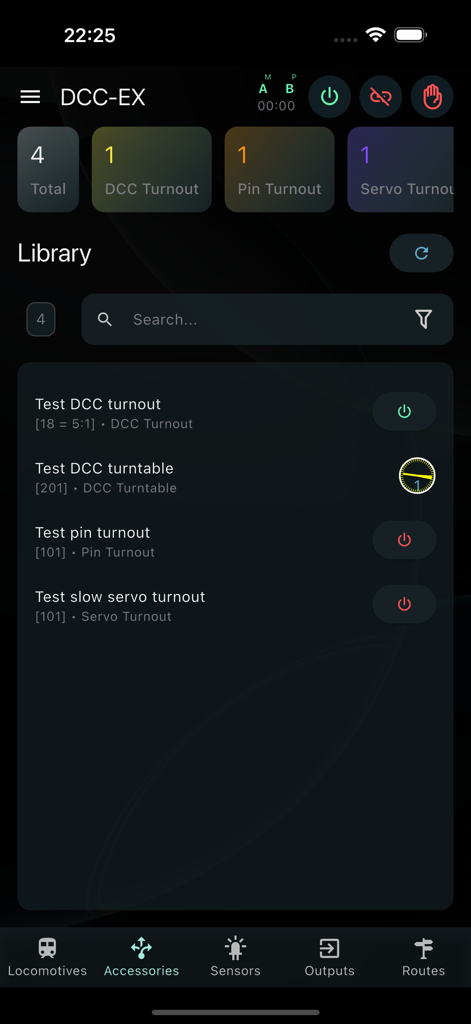 DCC-EX Cab app accessories library interface showing control options for model railroad turnouts and turntables.