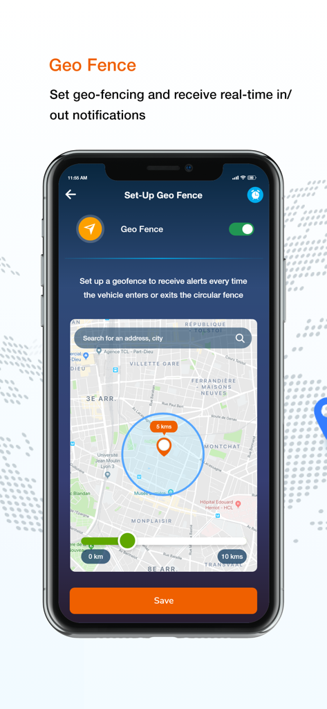 Amber Connect - Amber Connect app interface showing the setup of a circular geo-fence radius on a map for vehicle safety monitoring.