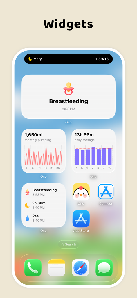 iPhone home screen displaying Ono baby tracker widgets for breastfeeding, pumping stats, and daily activity logs.