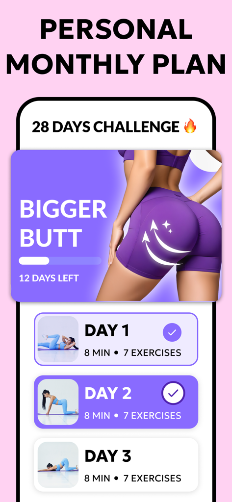 Mobile app interface showing a 28-day personal monthly challenge for glute and leg exercises