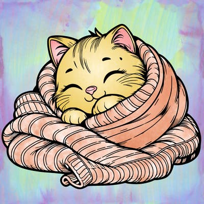 realistic cozy cat in a blanket