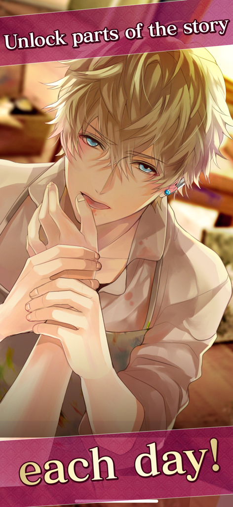 Ikemen Vampire Otome Gam‪e - Apuesto personaje rubio de anime con pintura en las manos y texto sobre la desbloqueo de capítulos de historias diarias.
