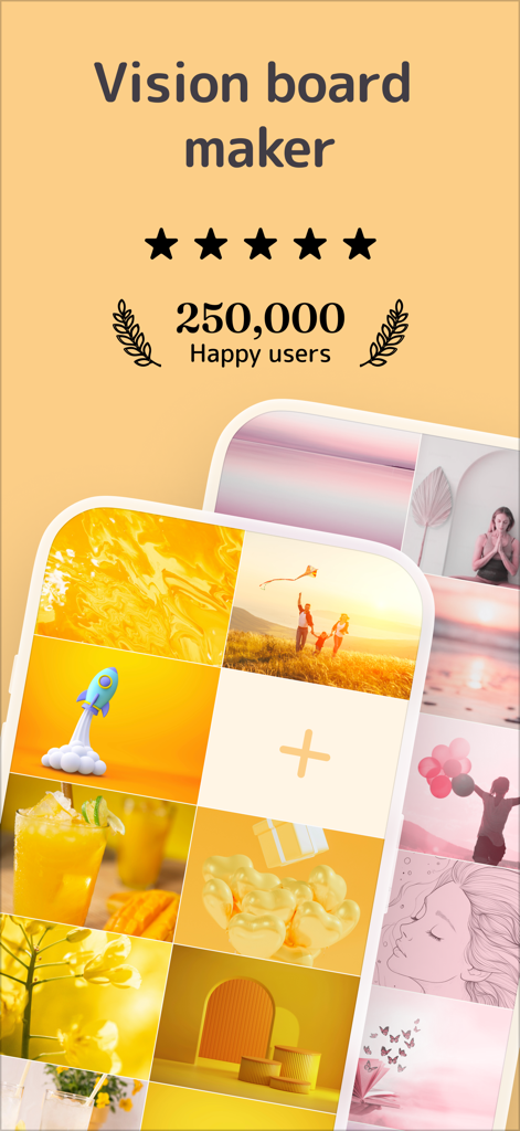 Vision Board Perfectly Happy - ビジョンボードメーカーアプリのインターフェース。美的写真グリッドと5つ星評価が表示されています。