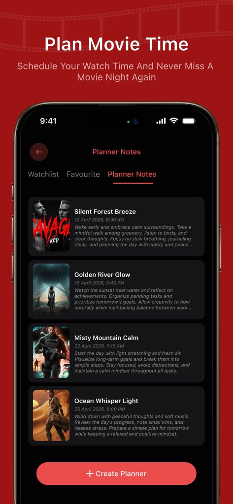 NetMirror : Find Movies & Show - Smartphone screen displaying the movie planner feature of the NetMirror app with scheduled watch times and notes