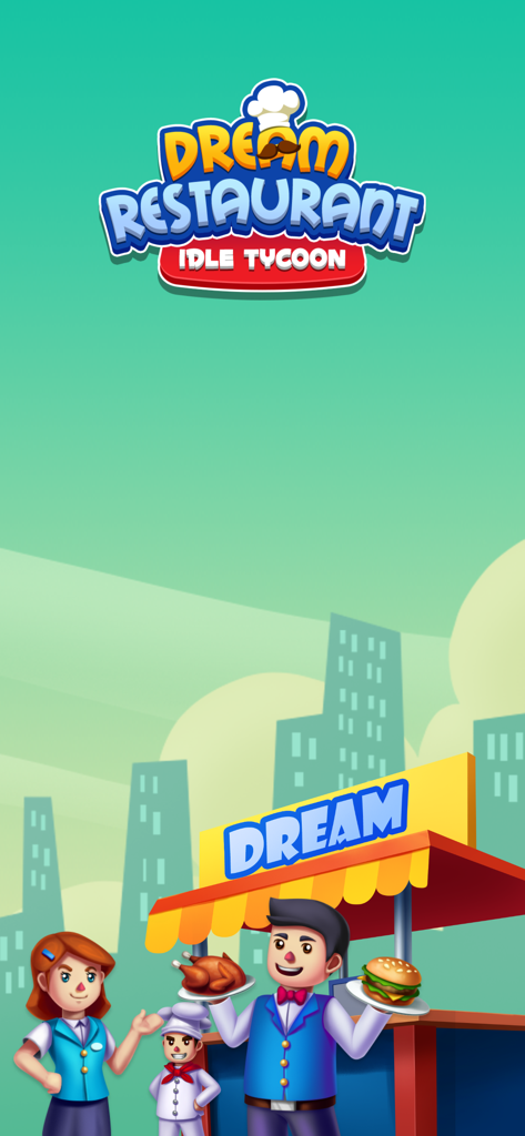 Dream Restaurant - Idle Tycoon - Dream Restaurant Idle Tycoon game characters holding a burger and roast chicken in front of a city skyline