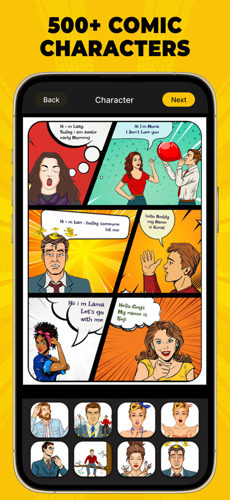 Comic Cartoon Story Maker app interface showing a comic strip layout with various cartoon characters and speech bubbles
