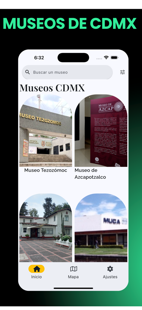 CDMX Museums - Tela inicial do aplicativo móvel mostrando uma lista selecionada de museus na Cidade do México com imagens e nomes