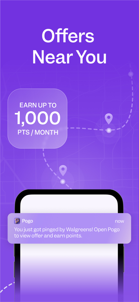 Pogo: Earn Cash & Rewards - Um smartphone mostrando a interface do aplicativo Pogo com ofertas locais e uma notificação para ganhar pontos em lojas próximas.